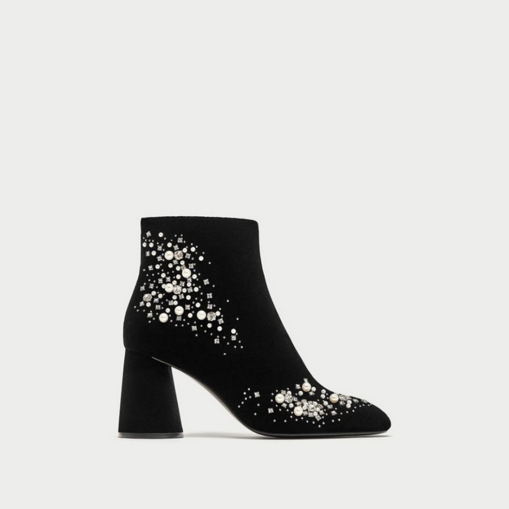Zara Velvet Pearl Rhinestone Beaded Booties US 6